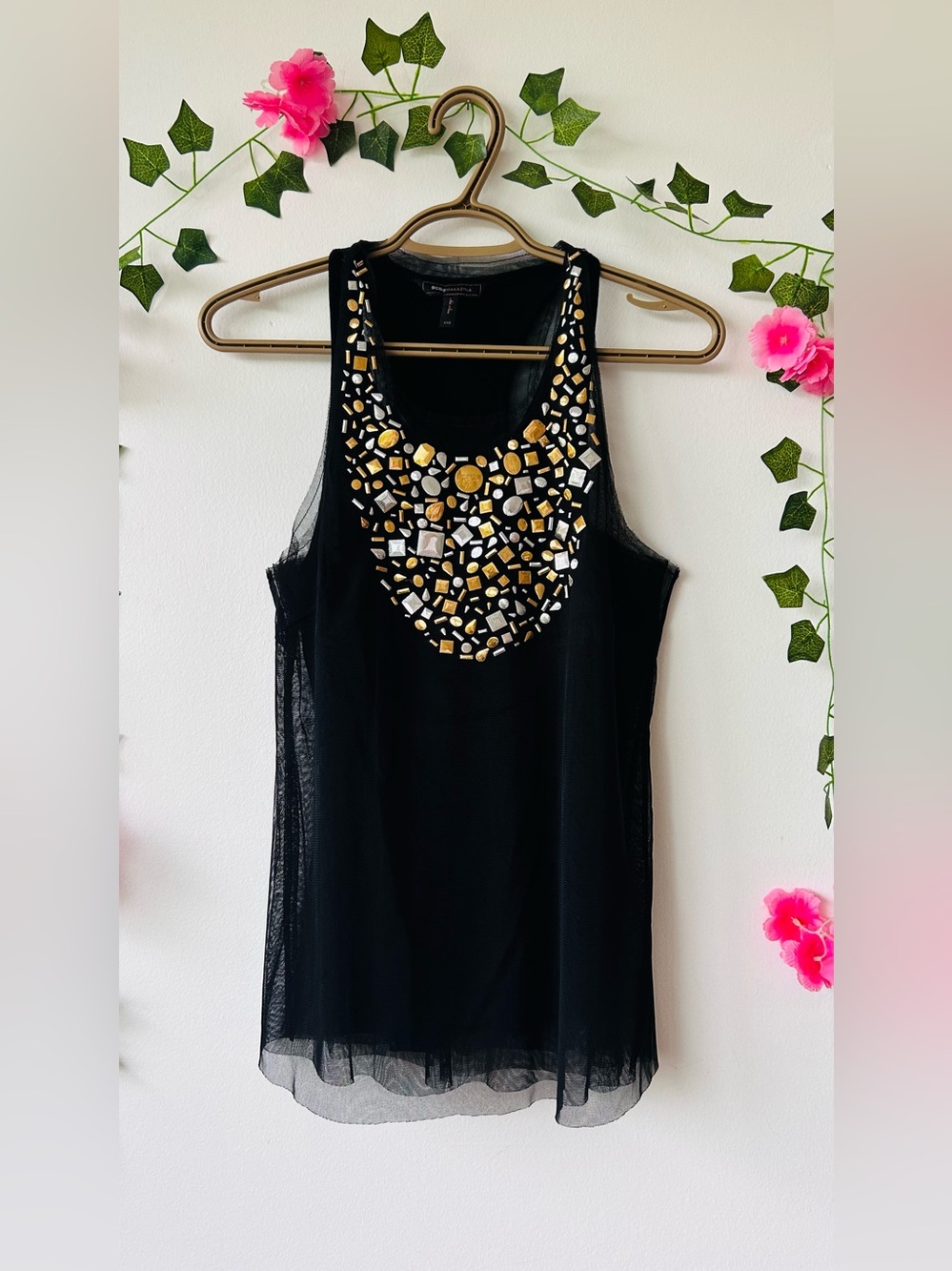 BCBGMAXARIA Embellished Black Sheer Tank Top - Women Size XXS